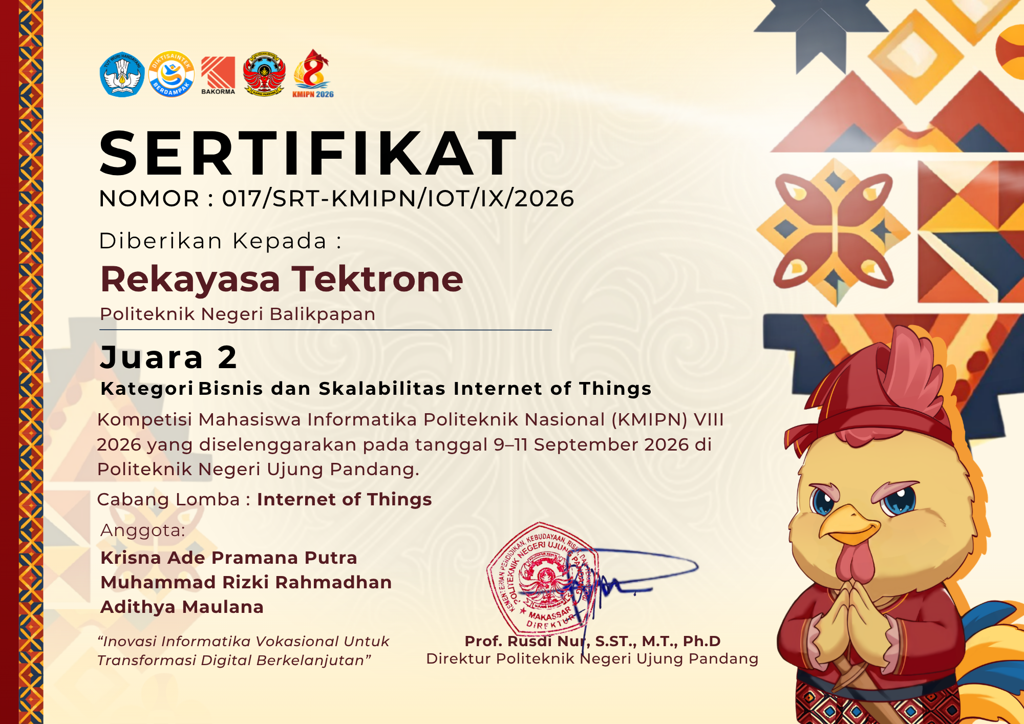 Sertifikat Lomba KMIPN Juara 2 Skala Nasional